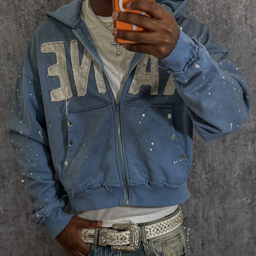 Blue Rhinestone Cropped Zip-Up Hoodie